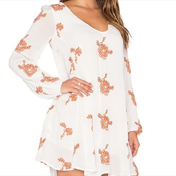 Free People Long Sleeve Embroidered Swing Dress Cream with Floral Rust Size XS - Picture 2 of 16
